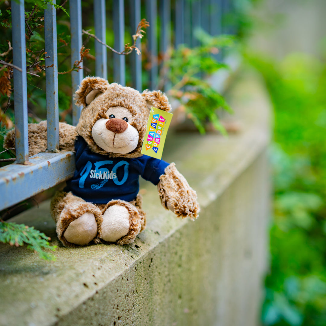 Teddy bear wearing a blue shirt with text, sitting on a ledge with greenery in the background