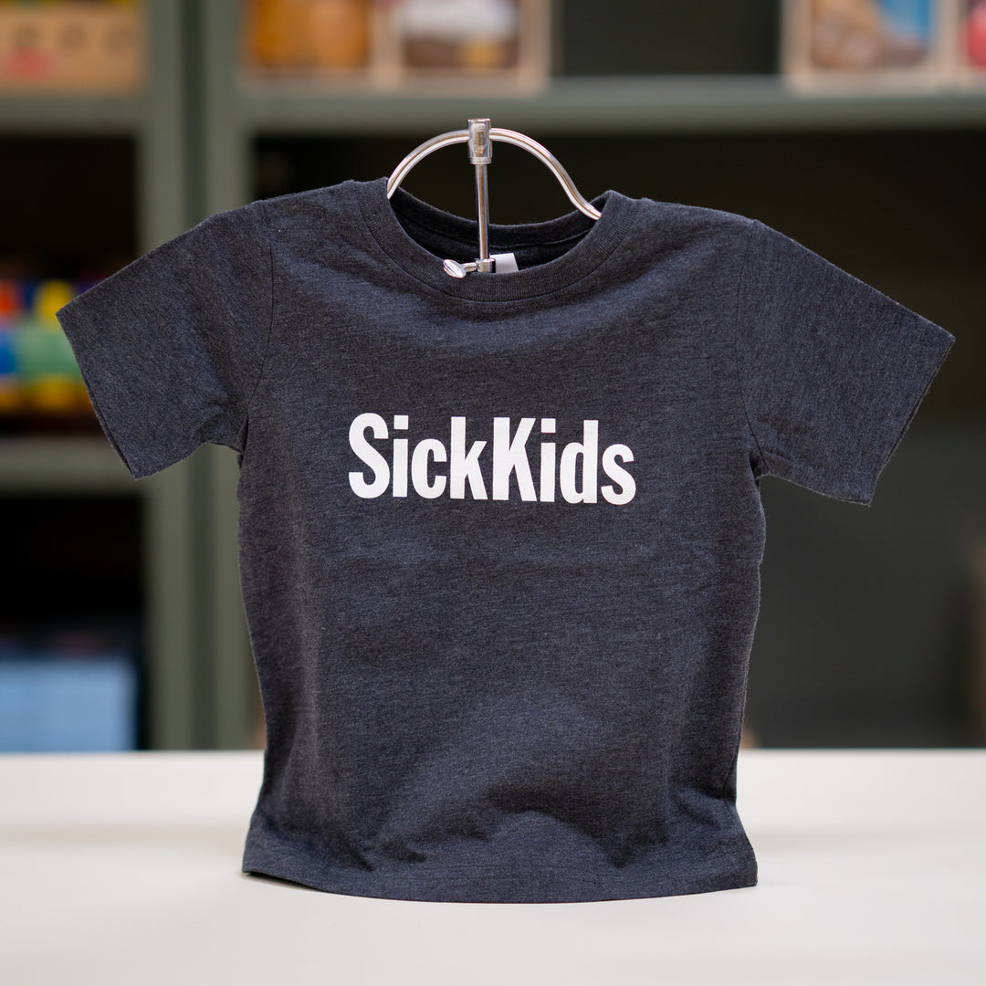 A gray toddler T-shirt with the SickKids logo printed in the center.