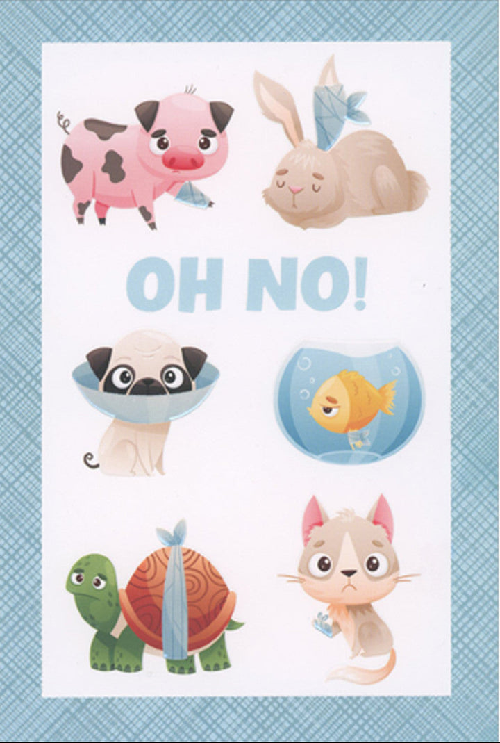 Cartoon animals with 'OH NO!' text on a blue background