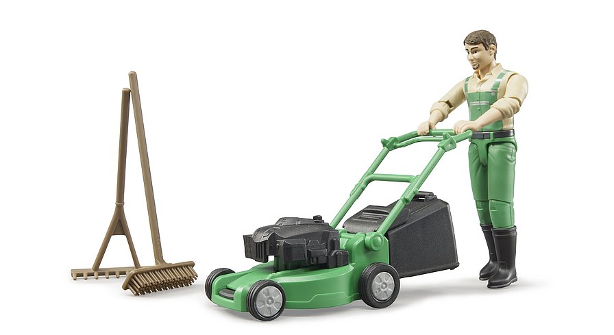 Gardener with Lawnmower and Equipment